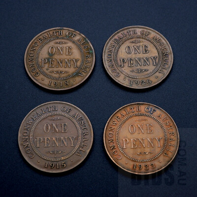 Four Australian Pennies 1915(H), 1926, 1933, 1918