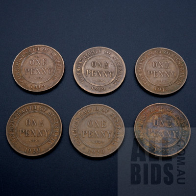 Six Australian Pennies 3x1920, 3x1919