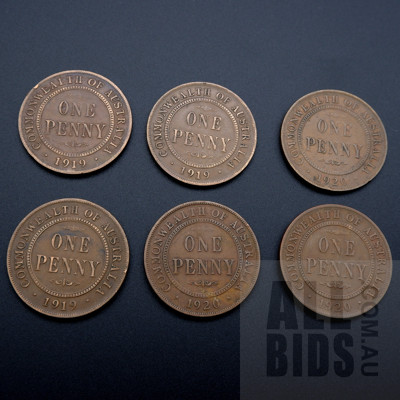 Six Australian Pennies 3x 1920, 3x 1919