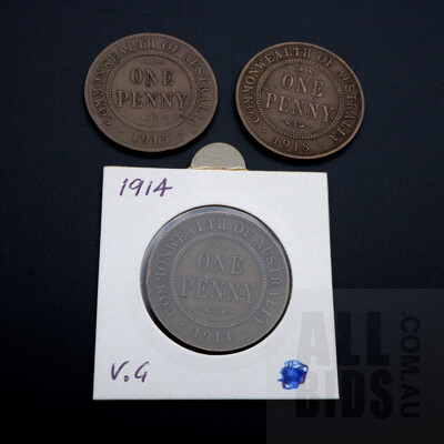 Three Australian Pennies 1914, 1915 (L), 1918