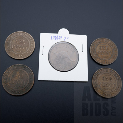 Five Australian Pennies 2x 1915, 1914, 1948, 1936