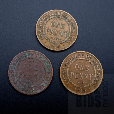 Three Australian Pennies 1914, 1915(L), 1918