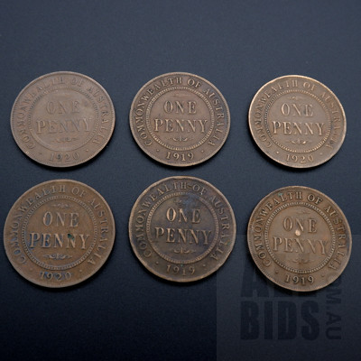 Six Australian Pennies 3x 1919, 3x 1920