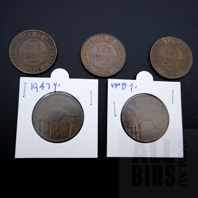 Five Australian Pennies 1914, 1918, 1933, 1947, 1948