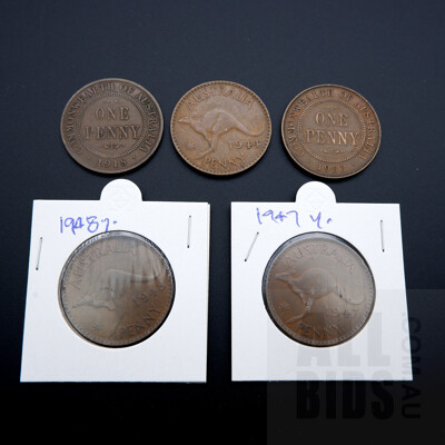 Five Australian Pennies 1918, 1933, 1944, 1947, 1948