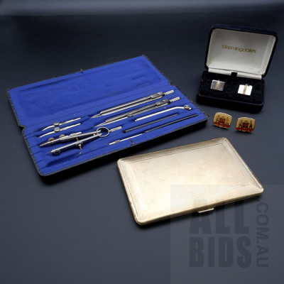 Staedtler Compass Set With Case, Bloomingdale's Cufflinks With Case,  Vintage NSW Cufflinks By Perfection Sydney, Rolled Gold Cigarette Case