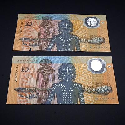 Two 1988 Australian Bicentennial Commemorative $10 Notes, AB43939340 and AB26189319