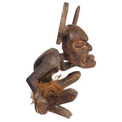 Pacific Island Hand Carved Hardwood Horned Deity Figurine
