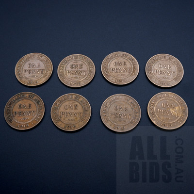Eight 1919 Australian Pennies