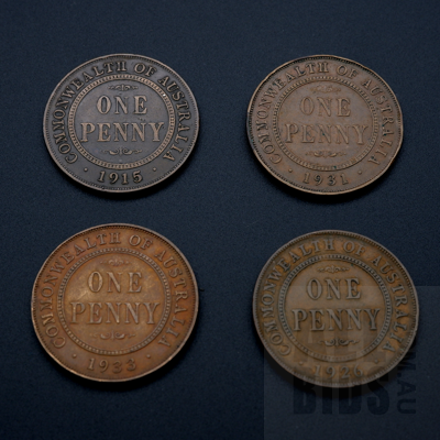 Four 1915(H), 1926, 1931, 1933 Australian Pennies