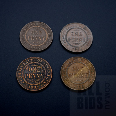 Four Australian Pennies 1915(H), 1926, 1931, 1933