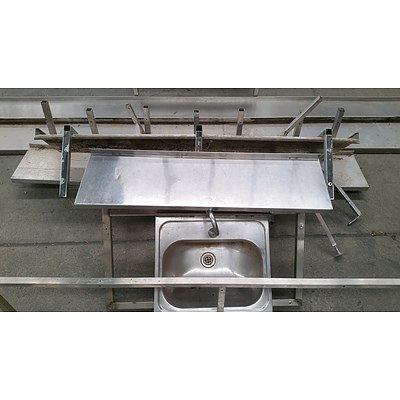 Selection of Custom Built Stainless Steel Commercial Kitchen Wall Mounted Shelving, Basin and Floor Cabinet - Lot of 10