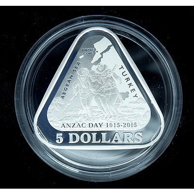 RAM ANZAC Centenary 2015 $5 Fine Silver Proof Triangular Coin in Original Case and Box