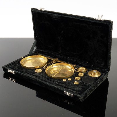 Vintage set of Gold Scales with Weights in Case