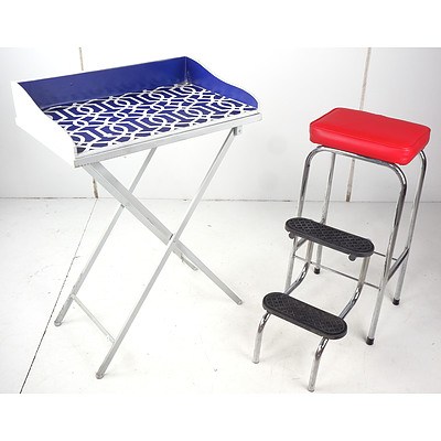 Retro Metal Framed Vinyl Upholstered Step Stool and Butlers Tray on Folding Metal Stand (2)