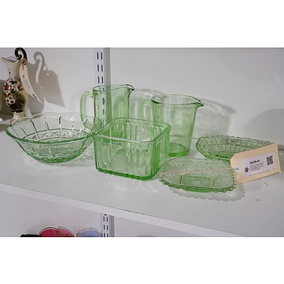 Assorted Vintage Green Depression and Pressed Glass including Measuring Jug and Butter Dish Base
