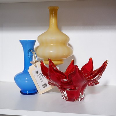 Red Studio Glass Leaf Bowl, Tall Yellow Vase and Blue Jug