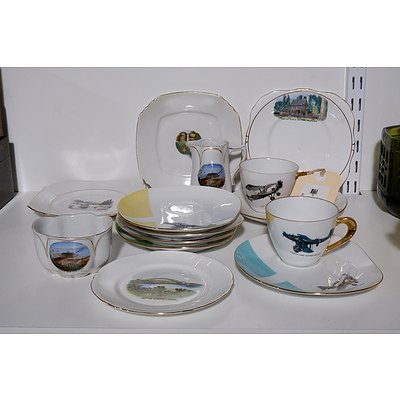 Assorted Vintage Australian Souvenir and Aircraft Themed Cups, Saucers, Sideplates, and Jug