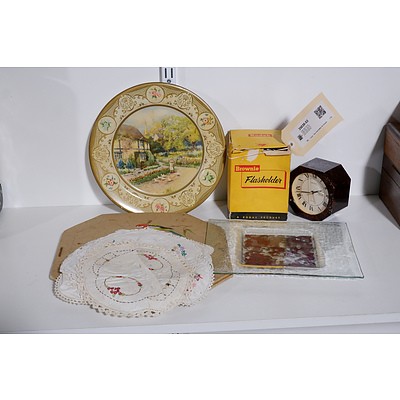 Vintage Doiley Press with Vintage Doileys, Two Vintage Metal Plates, Seiko Desk Clock, Kodak Brownie Flash Bulb, Studio Glass Plate