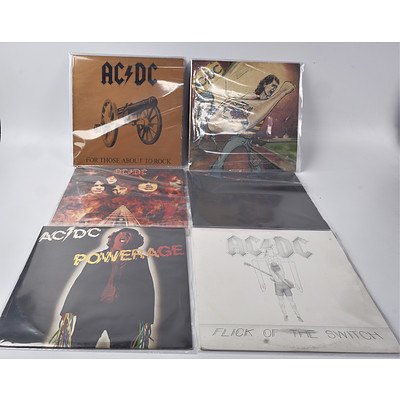 Quantity of Six AC/DC Vinyl LP Records Including Dirty Deeds Done Dirt Cheap, Highway to Hell, Back in Black and More