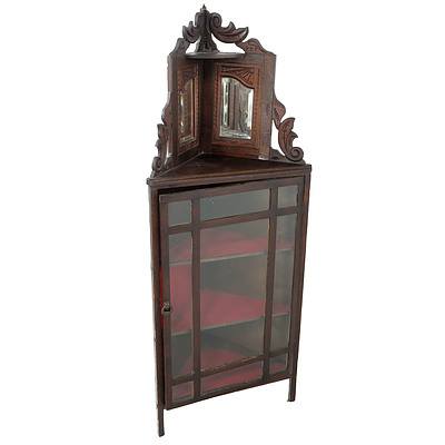 Edwardian Cedar Corner cabinet with Slatted Glass Door and Bevelled Mirrors Above