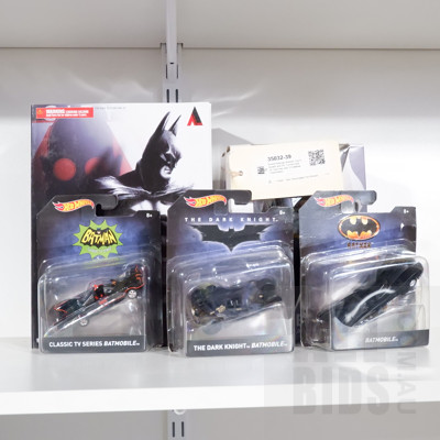 Boxed Batman Arkham City Playarts and DC Comics Action Figurines and 3 Hotwheel Batmobiles