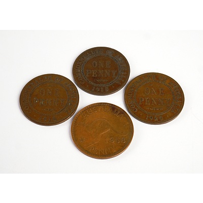 Four Australian Pennies, 1918, 1915, 1920, and 1958
