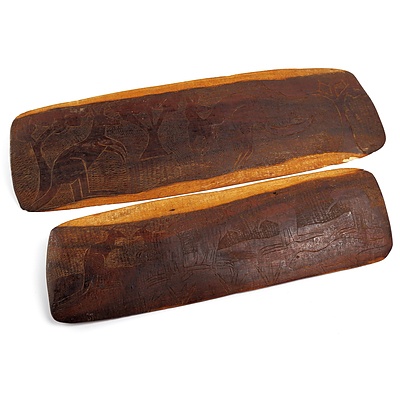 Two Vintage Indigenous Hardwood Slabs with Carved Kangaroo Decoration