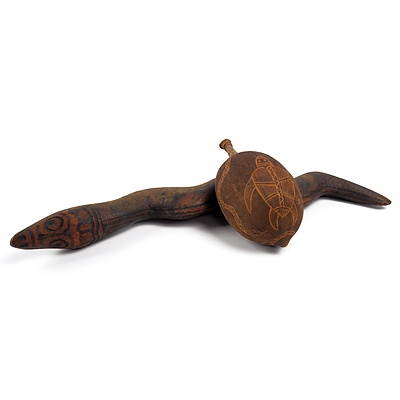 Hand Carved and Decorated Snake and a Seed Pod with Fish and Fauna Decoration