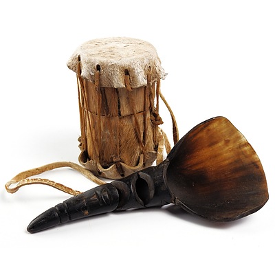 Carved Horn Elephant Trunk and a Small Hide Covered Drum