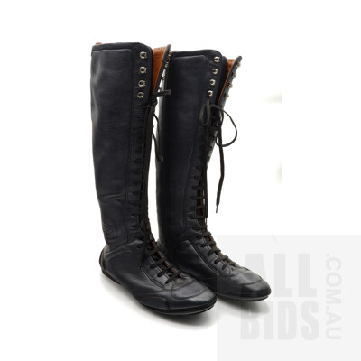 Pair of Bally Black Leather Lace Up Boots with Zipper to Inside Leg, leather Linings and Flat Rubber Soles