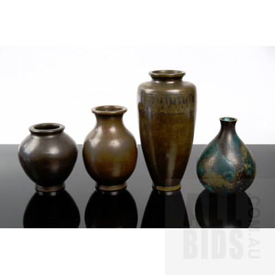 Four Vintage Japanese Bronze Vases - Two with Etched Decoration