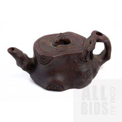 Vintage Yixing Pottery Dark Clay Teapot with Blossom design