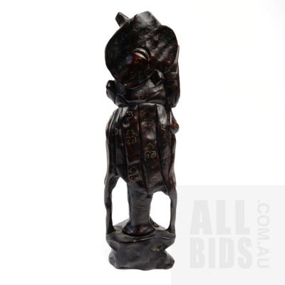 19th Century Asian Carved Wooden Mythical Figure with Inset Metal Decoration
