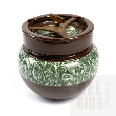 Vintage Glazed Pottery Tobacco Jar with Brass Seal