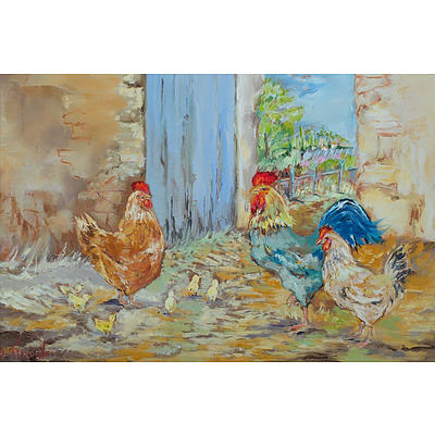 Artist Unknown, Chooks & Chicks, Oil on Canvas