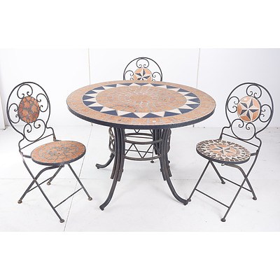 Decorative Metal Framed Patio/Garden Table with Tiled Top and Three Matching Folding Chairs