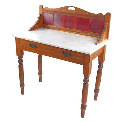 An Edwardian Pine Kitchen Side Table with Marble Top and Tiled Back