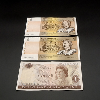 Two Australian Johnston/ Stone $1 Notes DPD621392 and DLE699872 and New Zealand Note K04317138