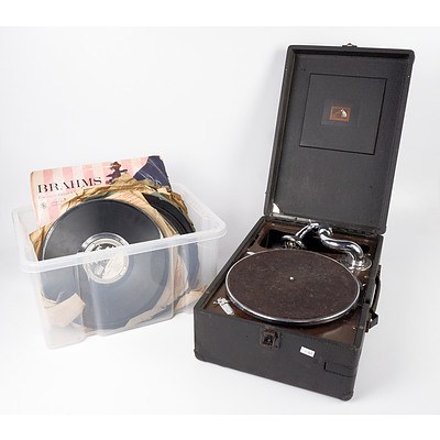 Antique HMV Portable Gramophone and Assorted Records including Edison