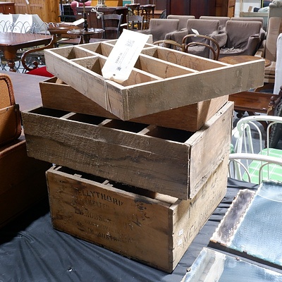 Three Vintage Wooden Crates and a Small Wooden Shelf