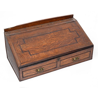 Antique Inlaid Oak Travelling Writing Slope with Two Drawers and Lift Up Slope, Early 20th Century