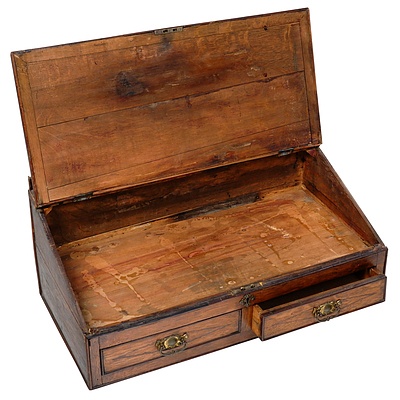Antique Inlaid Oak Travelling Writing Slope with Two Drawers and Lift Up Slope, Early 20th Century