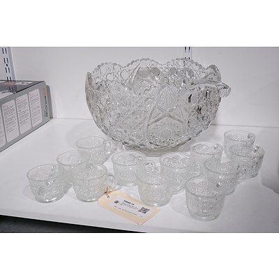 Vintage Pressed Glass Punch Set with 12 Glasses and Ladle