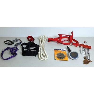 Assorted Horse, Dog and Alpaca Leads and Halters, Grooming Gear and a Windchime