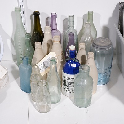 Assorted Vintage Glass and Stoneware Bottles including Sydney Harbour Bridge Ginger Beer