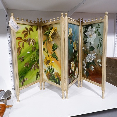 Small Wooden Folding Divider Screen with Hand Painted Floral Decoration on Glass Panels