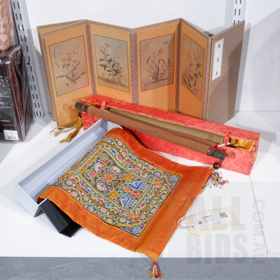 Mongolian Leather and Vinyl Painted Scroll with Case, Hand Embroidered Kuchi Pakko Cloth in Original Box and More