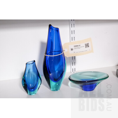 Three Pieces of Retro Blue Studio Art Glass