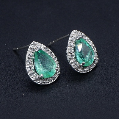 9ct White Gold Stud Earrings with Pear Shaped Natural Emerald and Diamonds